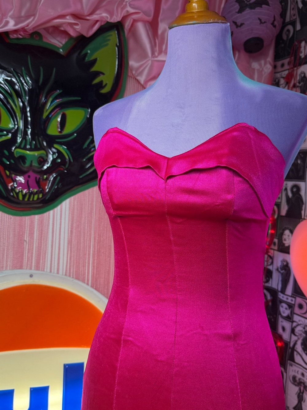 Vintage Betsey Johnson Punk Label Hot Pink Satin Strapless Dress w/ Boning Sz S - Picture 3 of 11
